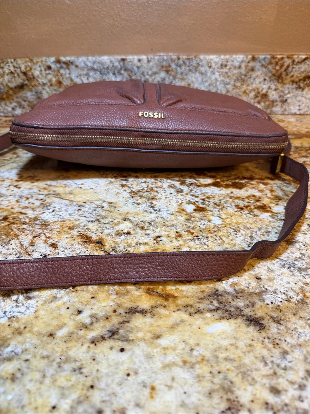 Fossil Chestnut Pebbled Leather Messenger Bag